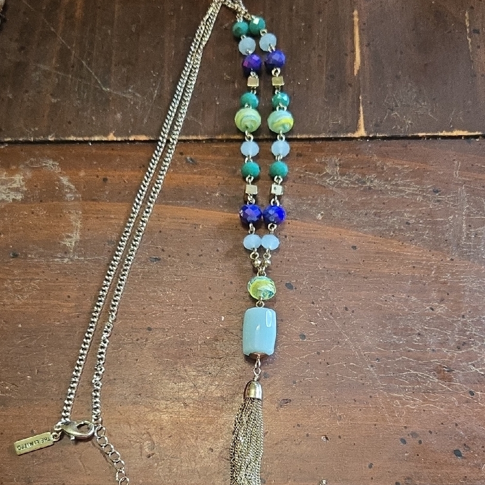Vintage The Limited Blue and Green Glass Beaded Tassel Necklace